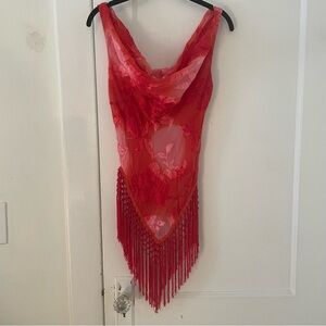 Cache Red and Pink Floral Y2K 90s Sheer Fringe